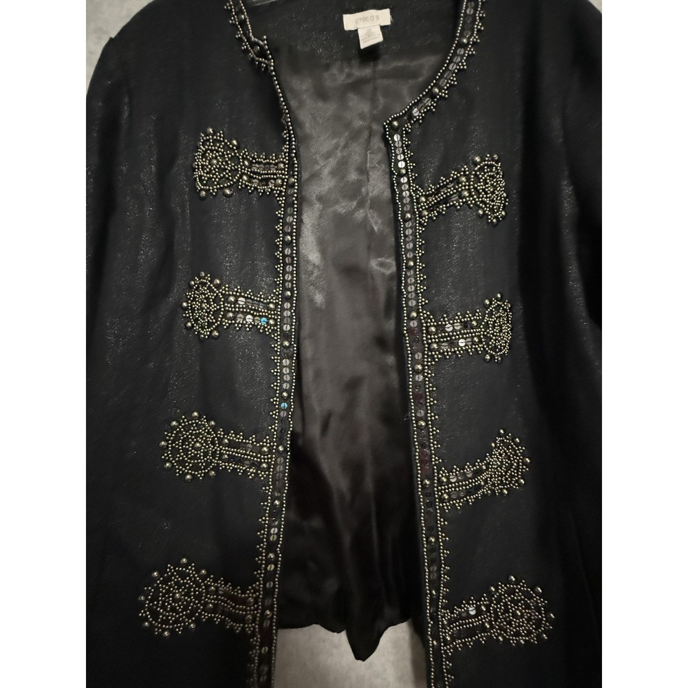 Chico's Jacket Womens 2 Black Beaded Sequin‎ Military Open Front Lined Party - Picture 2 of 15